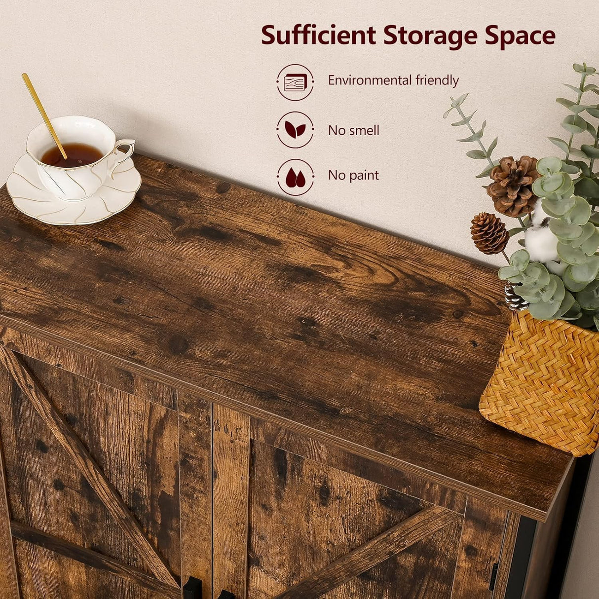 FIONESO Storage Cabinet, Farmhouse Cabinet with Barn Doors & Shelf, Entryway Cabinet, Small Cabinet for Living Room, Dining Room, Entryway, Rustic Brown FIONESO