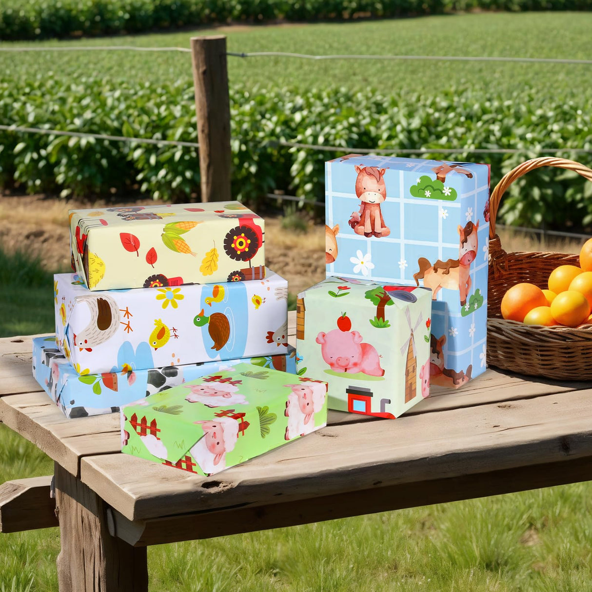 12 Sheets Farm Animal Wrapping Paper - Farmhouse Themed Gift Wrap with Pigs, Cows, Sheep, Chickens, Folded Flat Packaging Paper for Birthdays, Showers, Holidays, DIY Craft, 19.7 x 27.6 Inches Pineraap