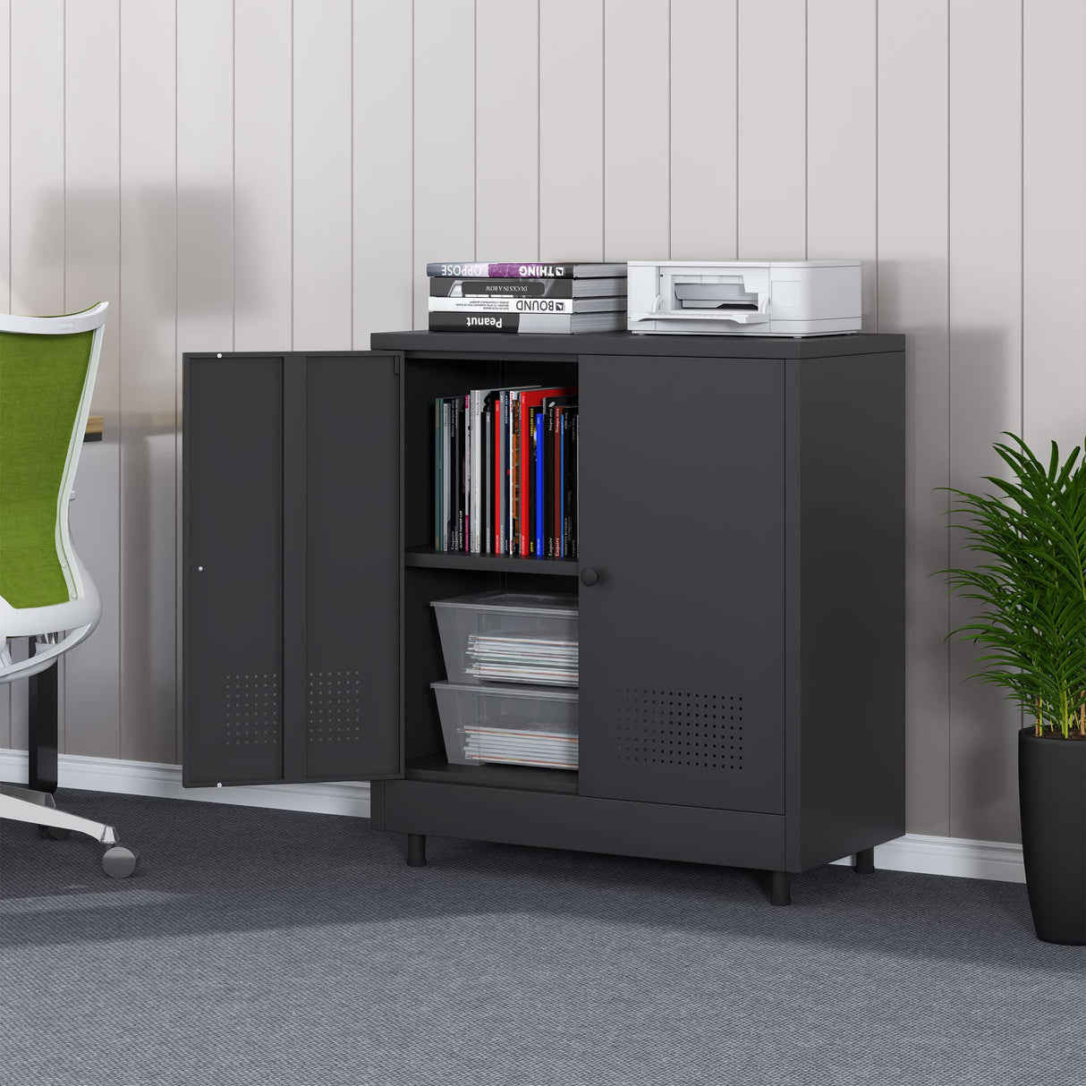 JINKUR Metal Storage Cabinet with 2 Doors and Adjustable Shelf, Steel Accent Sideboard Buffet Cabinet for Home, Office, Garage, Entryway, Living Room, Kitchen Pantry and Dining Room (Black) JINKUR