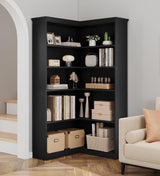 IDEALHOUSE Corner Bookshelf 72.8in Farmhouse Bookcase Large Bookshelf Wood Bookcase Tall 5 Tier Corner Shelf L Shaped Bookshelfs Storage Display Rack Living Room Bedroom (Black Full Panel) IDEALHOUSE