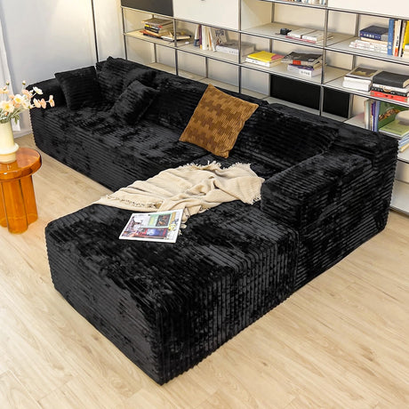 Black sectional couches for Living Room Corduroy Couch，104" Cloud Sectional Couch with L-Shape Chaise， Modern Modular Sofa, Deep Seat Comfort, No Assembly Required(Plush Corduroy Fabric) HKUVUKH