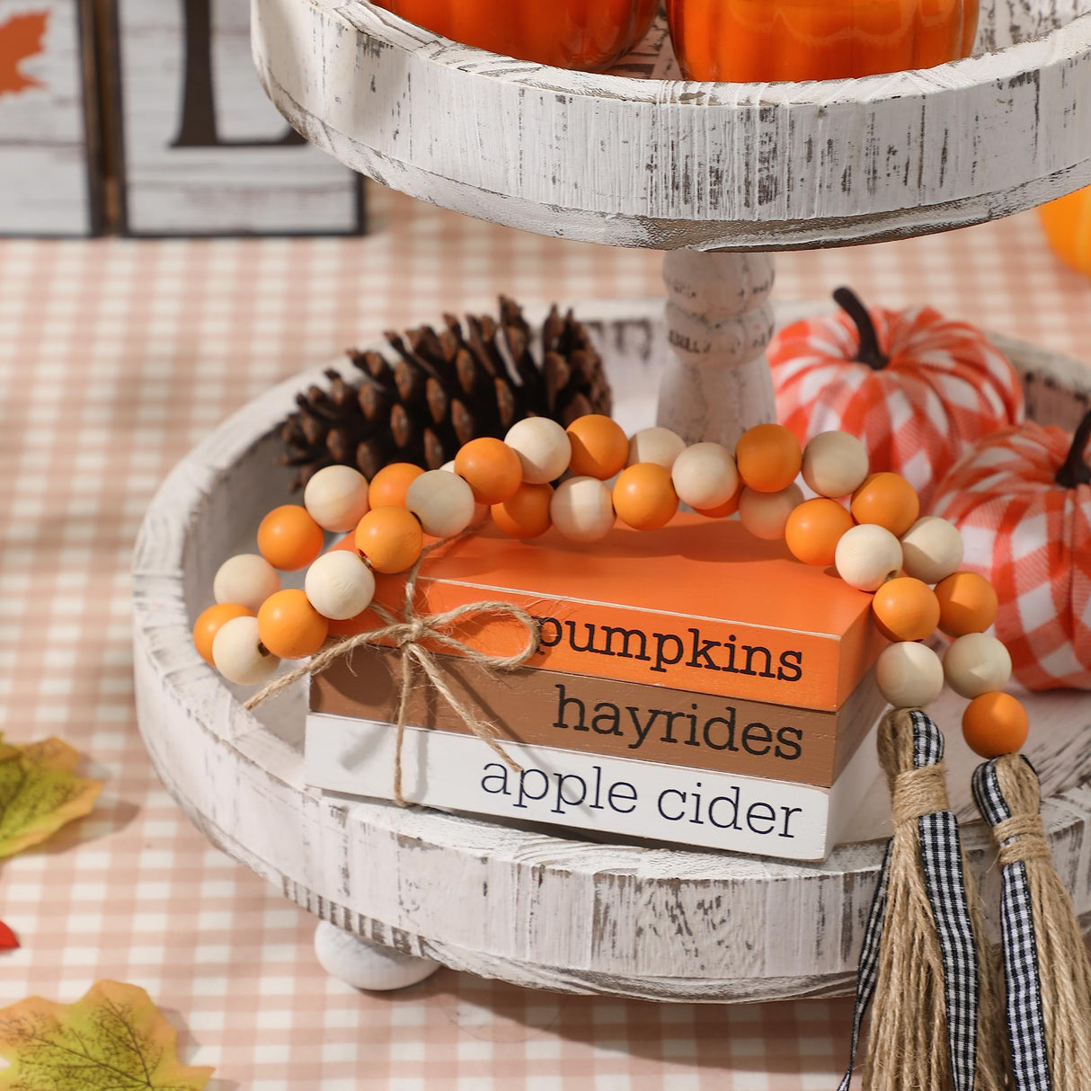 Fall Tiered Tray Décor, Wood Book Stack with Maple Leaves and Fall Bead Garland, Fall Decor for Table, Farmhouse Mini Decorative Books Bundle KORMMCO