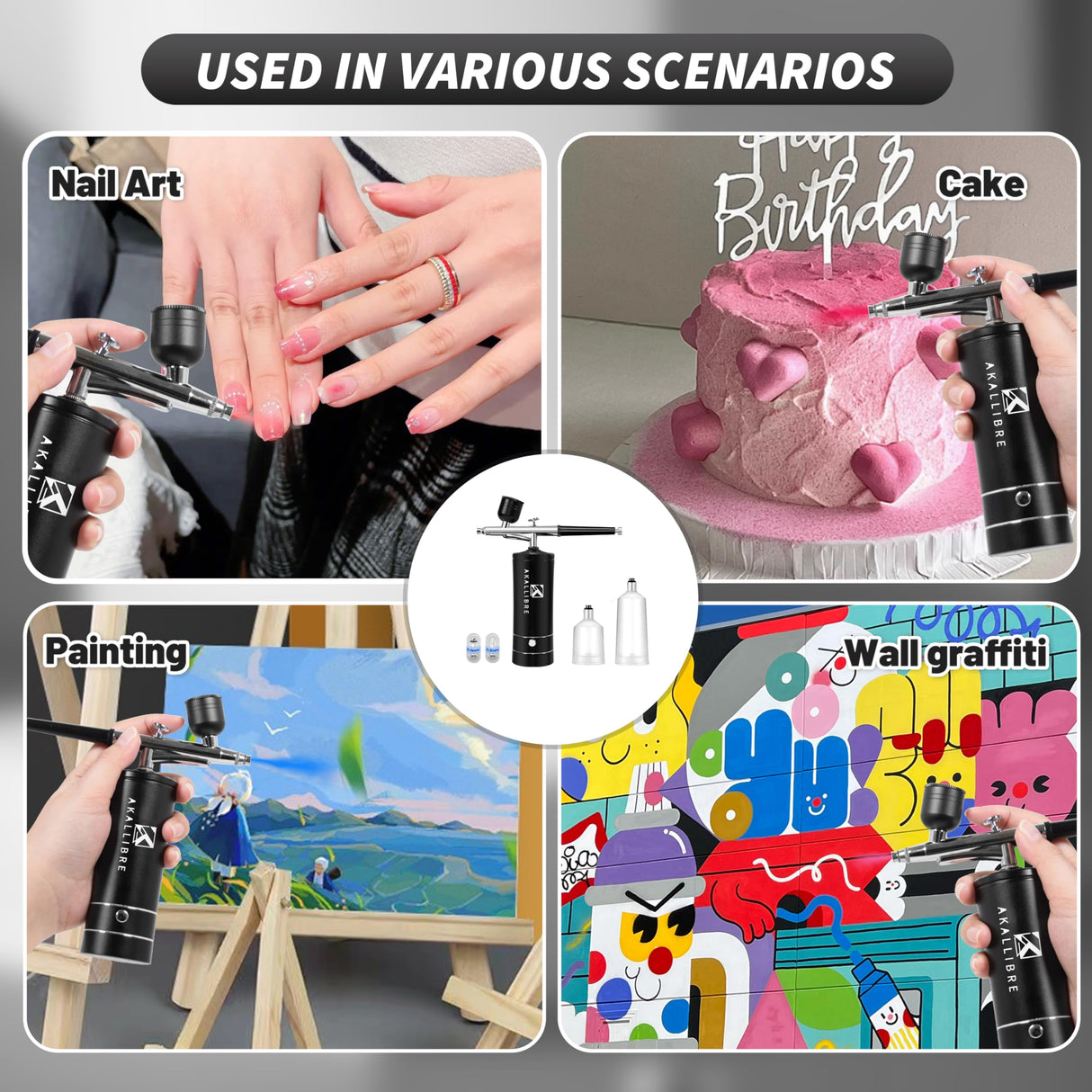 AKALLIBRE Airbrush Kit with Compressor, 48PSI High-Pressure Non-Clogging Airbrush Gun with 0.2/0.3/0.5mm Nozzles, Portable Airbrush for Nails Art, Cake Decoration, Painting etc. AKALLIBRE