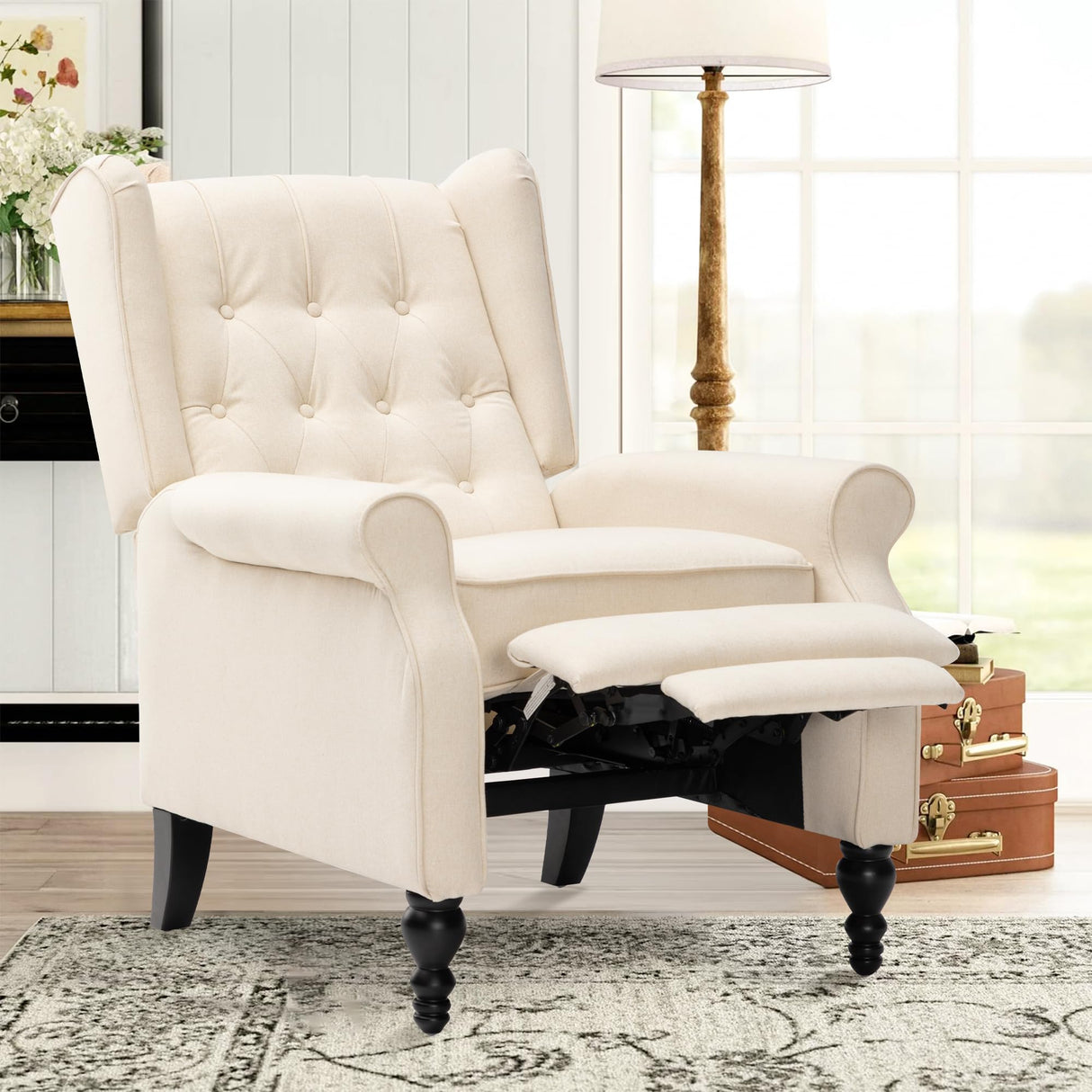 Mid Century Wingback Recliner Chair for Adults, Modern Linen Fabric Push Back Recliner Chairs with Button Tufted Upholstered Back & Footrest, Manual Recliner Chais for Living Room, Nursery, Beige BALIAA