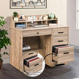 Computer Desk with 4 Drawers and Storage, Small Office Desk with File Drawers and Hutch, Farmhouse Wood Writing Student Table for Home Office, Bedroom, Wooden Grey HOMBCK