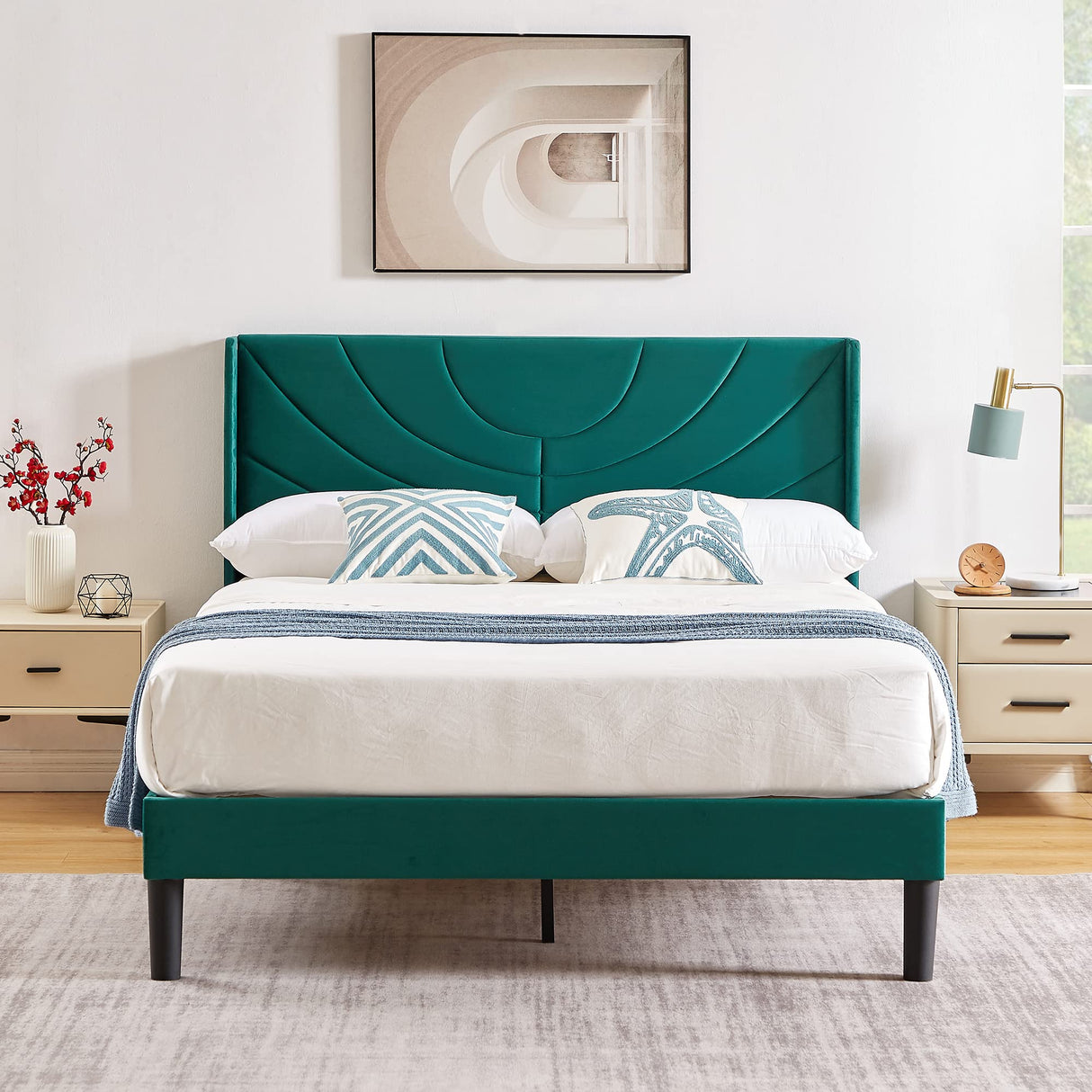VECELO Dark Green Upholstered Queen Size Platform Bed Frame with Stylish Headboard and Wooden Slats – No Box Spring Needed VECELO