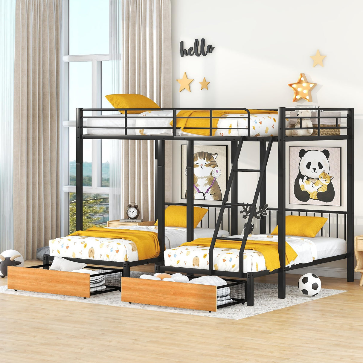 Triple Bunk Bed Metal Full Over Two Twin Beds with Storage Drawers and Shelf Detachable 3 Bed Bunk Bed Frame with Ladder for Kids Boys Girls Teens, Can Bed Divided into Three Separate Beds, Black Bellemave
