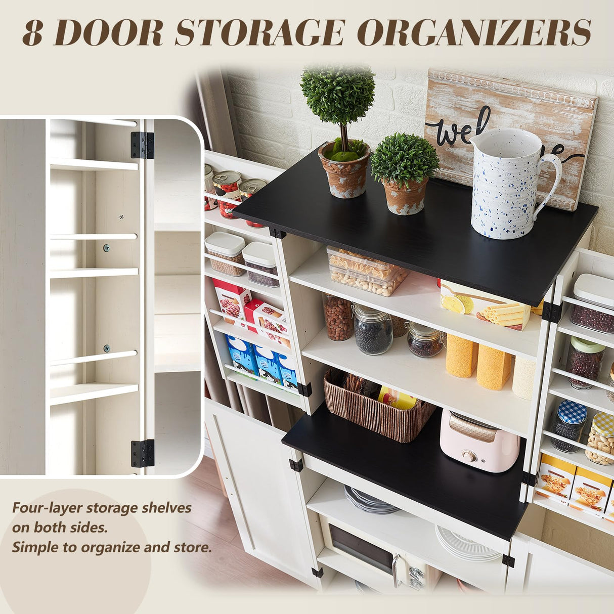 VanAcc 72" Tall Farmhouse Kitchen Pantry Cabinet with Door Organizer & Adjustable Shelves, Wooden Storage Cupboard with Drawer and Barn Doors for Kitchen, Dining Room, Living Room, Distressed White VanAcc