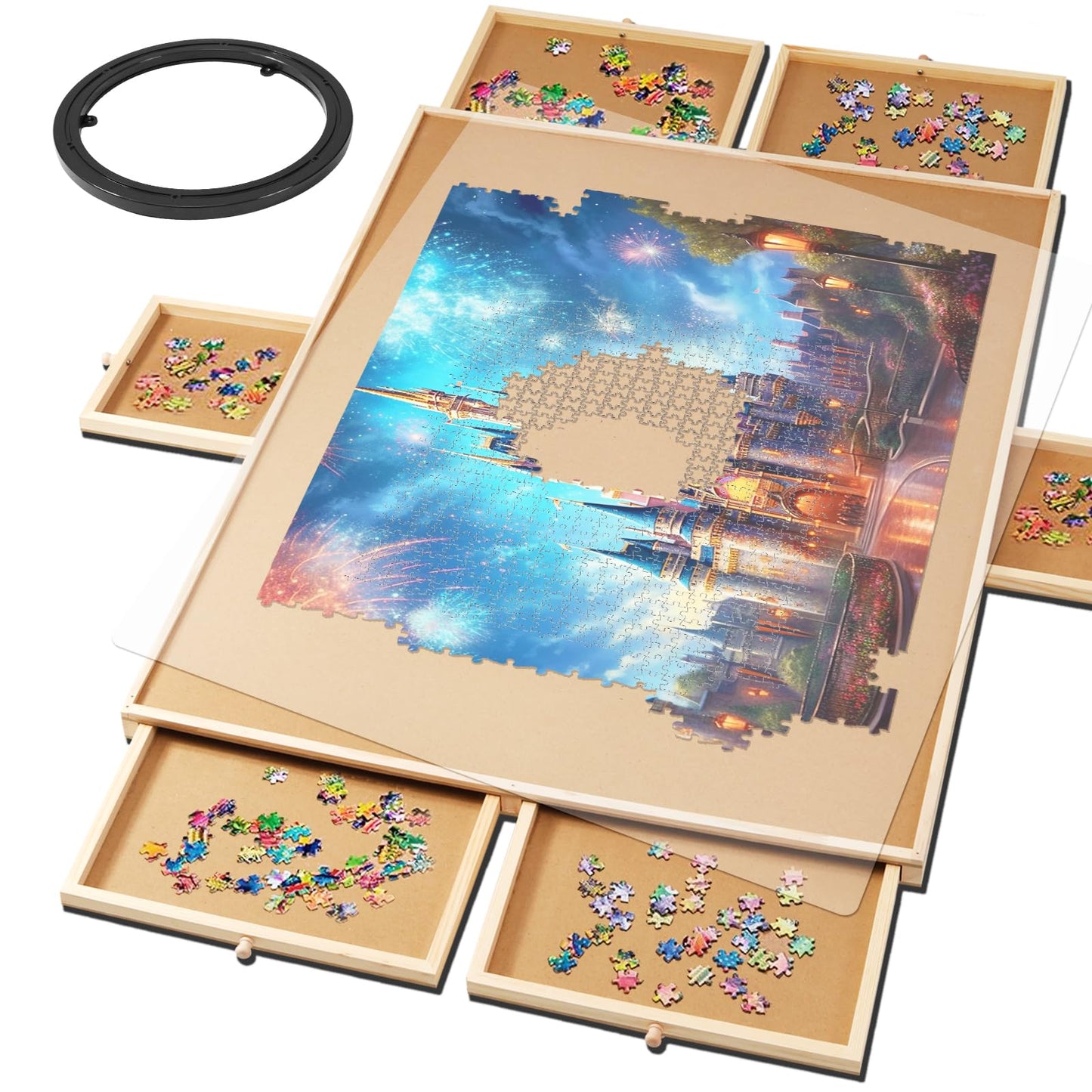 2000 Piece Rotating Puzzle Board with Drawers and Cover,Wooden Spining Puzzle Table 40 x30 Board Surprise on Holiday Birthday for Adults and Kids,Spinning Jigsaw Puzzle Board with Lazy Susan