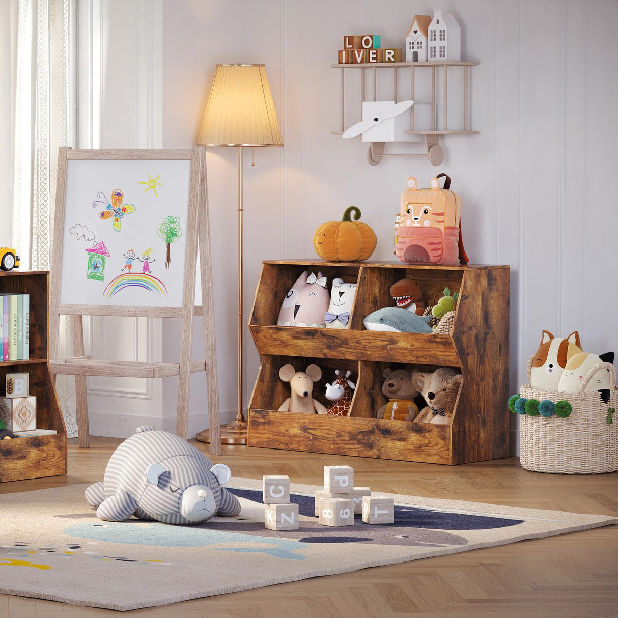 Kids Multifunctional Wooden Bookshelf & Toy Storage Cabinet in Rustic Brown DINZI LVJ