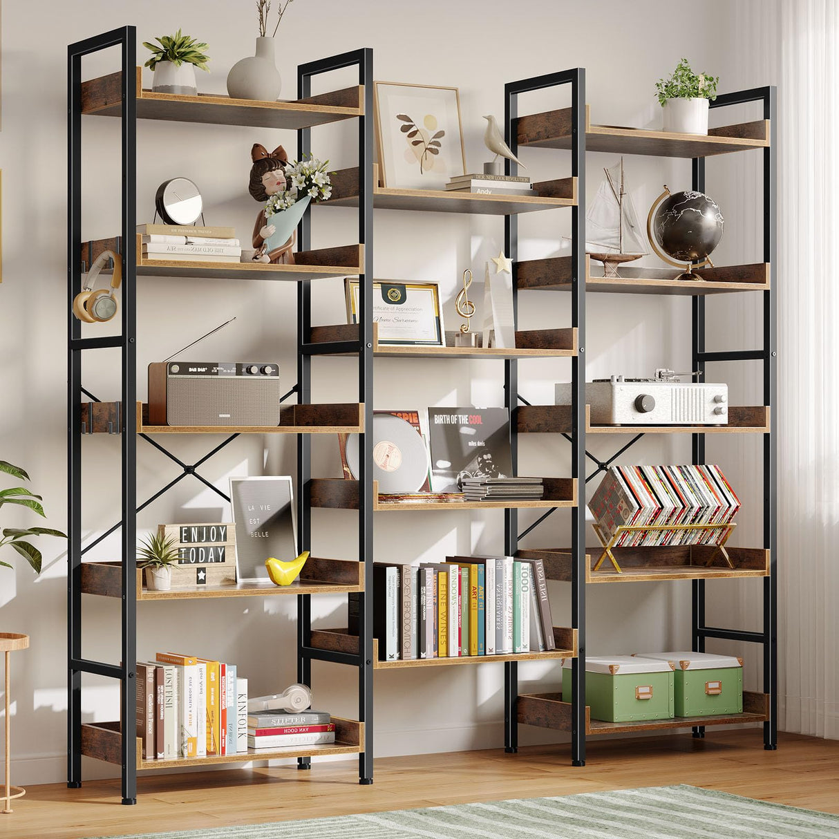 Rolanstar Bookshelf 5 Tiers with 4 Hooks, Triple Bookcase with Open Display Shelves, Industrial Wide Bookshelf with Metal Frame for Living Room, Office, Rustic Brown Rolanstar