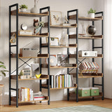 Rolanstar Bookshelf 5 Tiers with 4 Hooks, Triple Bookcase with Open Display Shelves, Industrial Wide Bookshelf with Metal Frame for Living Room, Office, Rustic Brown Rolanstar
