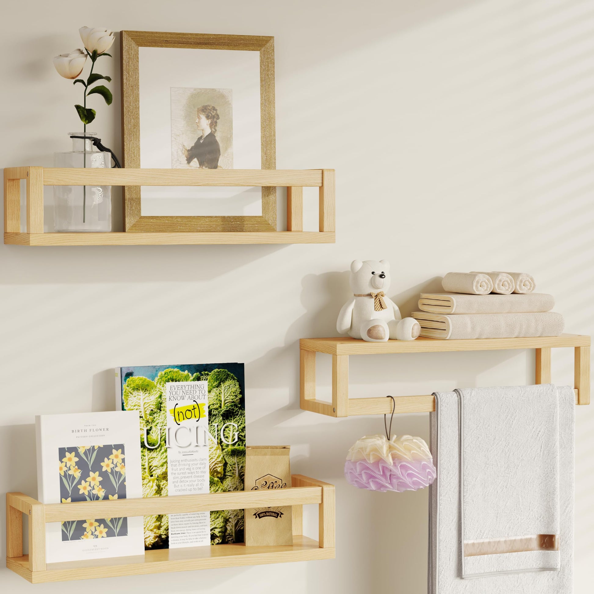 TidyCorner Natural Wood Floating Shelves Set of 3 for Kids Room, Nursery & Kitchen Organisation - WoodArtSupply