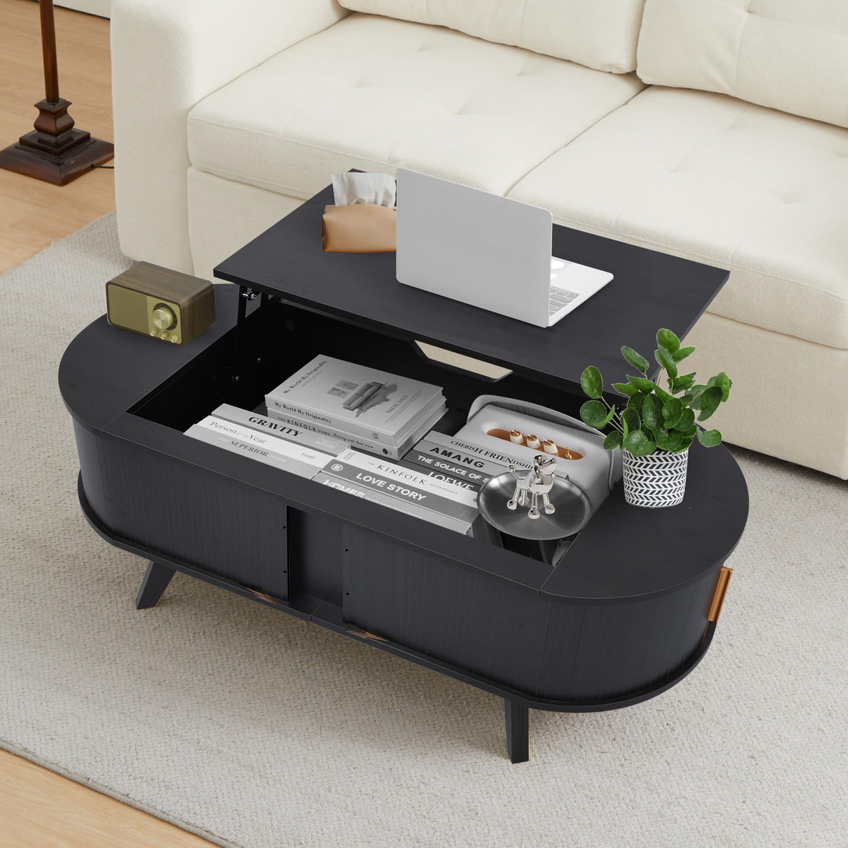 Bifins Lift Top Coffee Table with Storage,47.2" Oval Coffee Table with Sliding Tambour Door,Mid Century Modern Coffee Table with Lifting top for Living Room (Black, Tambour Door) Bifins