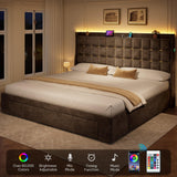 YITAHOME King Size Bed Frame with 3 Storage Drawers and RGB LED Lights, Velvet Upholstered Bed with Charging Station and Storage Headboard, No Box Spring Needed, Easy Assembly, Noise-Free, Grey YITAHOME