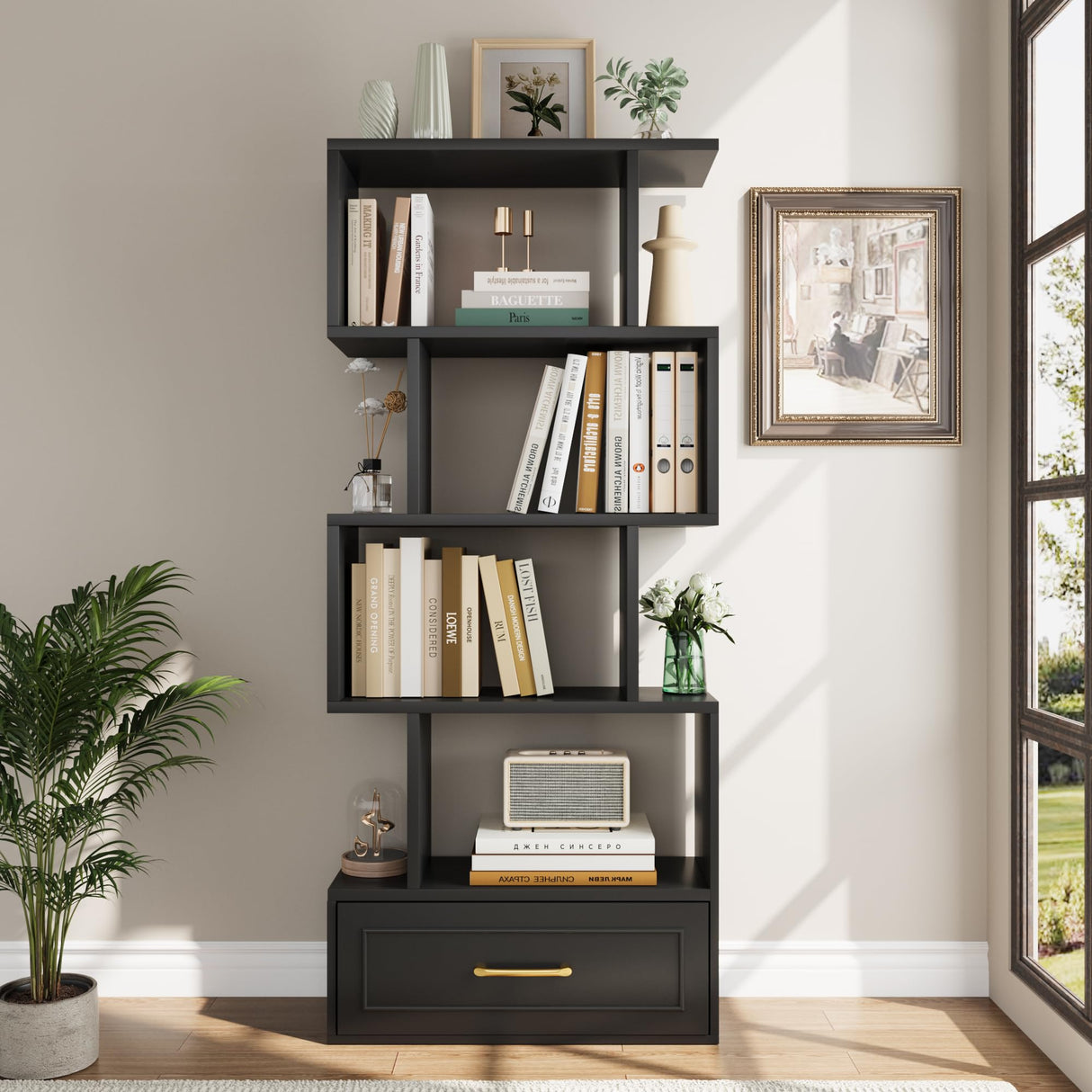 5-Tier Bookshelf, 59” Tall S Shaped Bookcase with Drawer, Freestanding Room Divider with Anti-Tipping Device, Wood Geometric Open Storage Display Shelf for Living Room,Study Room,Home Office(Black) HOTLUU
