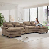 OUYESSIR U Shaped Cloud Sectional Couch, 124" Fluffy Modular Sofa Set with Double Chaise Lounge Central Console & USB Port, Comfy Chenille Big Sectional Couches for Living Room, Brown OUYESSIR