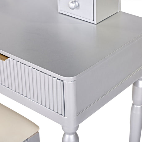 Luxury Vanity Desk With Round Mirror Height Adjustable Dressing Table Set Engineered Wood - Silver HouseOfZazla