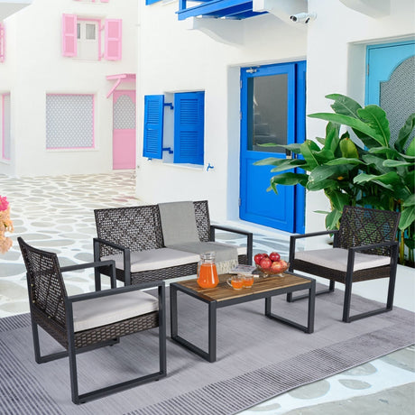 4 Piece Patio Furniture Set With Acacia Wood Table Top And Cushions HouseOfZazla