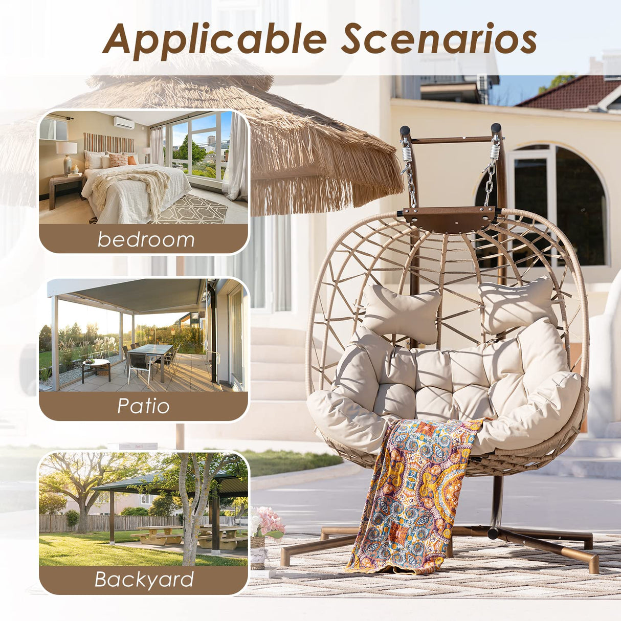 NICESOUL Double Egg Chair Outdoor Indoor, Oversized 2 Person Swing with Stand, All-Weather Large Wicker Hanging Loveseat, 700 LBS Heavy Duty Patio Swinging Seat w/Cushion for Balcony, Beige NICESOUL