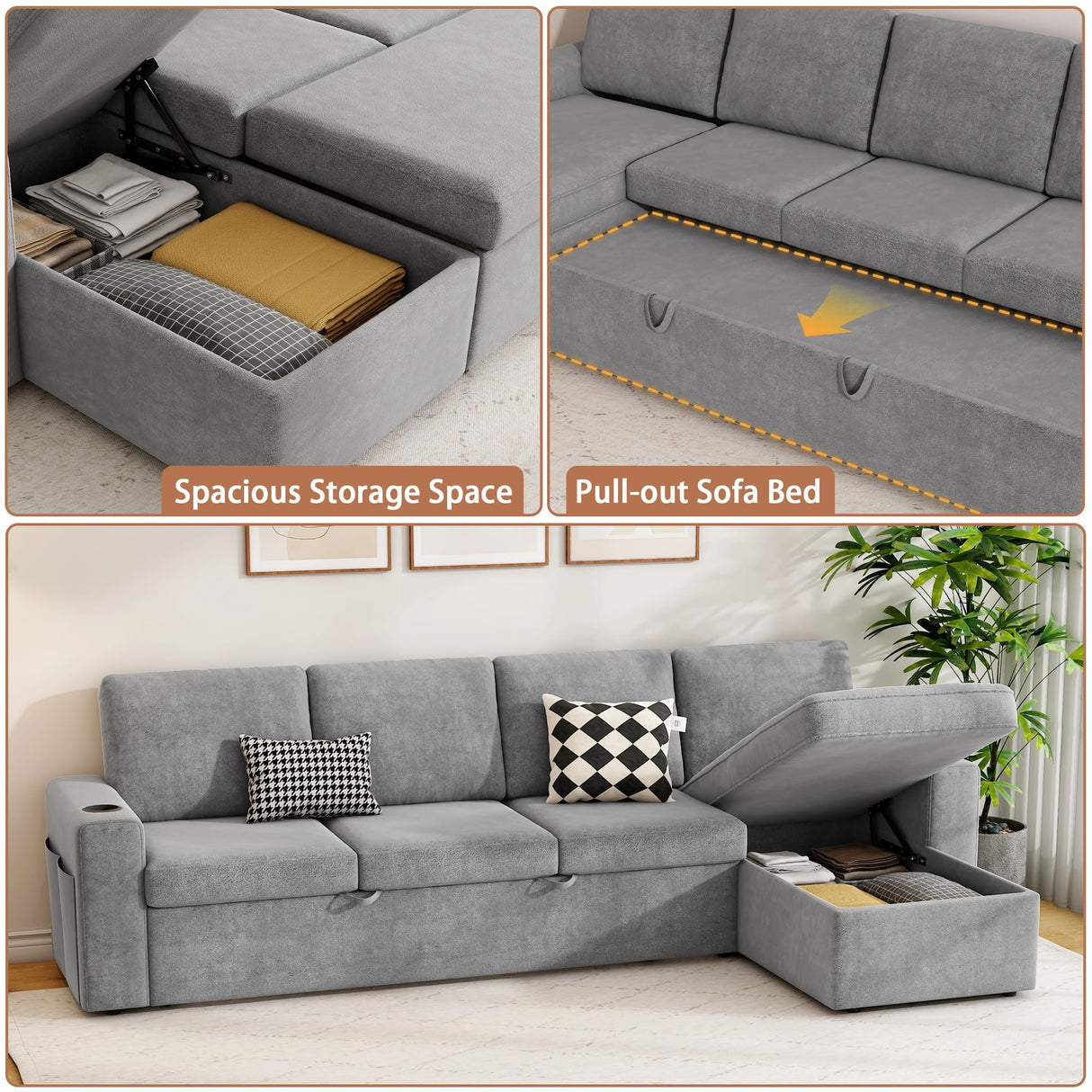 wanan 103" Sleeper Sofa, L-Shaped Sectional Sofa Bed with Storage Chaise, Reversible 2 in 1 Pull Out Couch with Cup Holders and Side Pockets for Living Room, Easy Assembly (Wool Blend, Grey) wanan