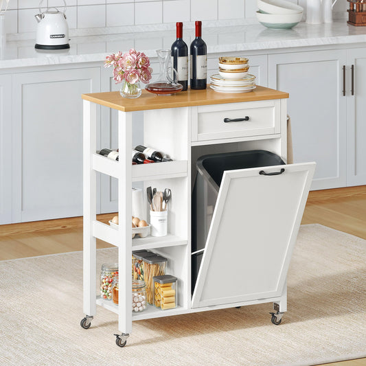 YITAHOME Small Kitchen Island Cart on Wheels with Trash Can Storage Cabinet, Rolling Portable Dining Room Serving Utility Carts Mobile Movable for 10 Gallon Garbage Bin, Oak & White