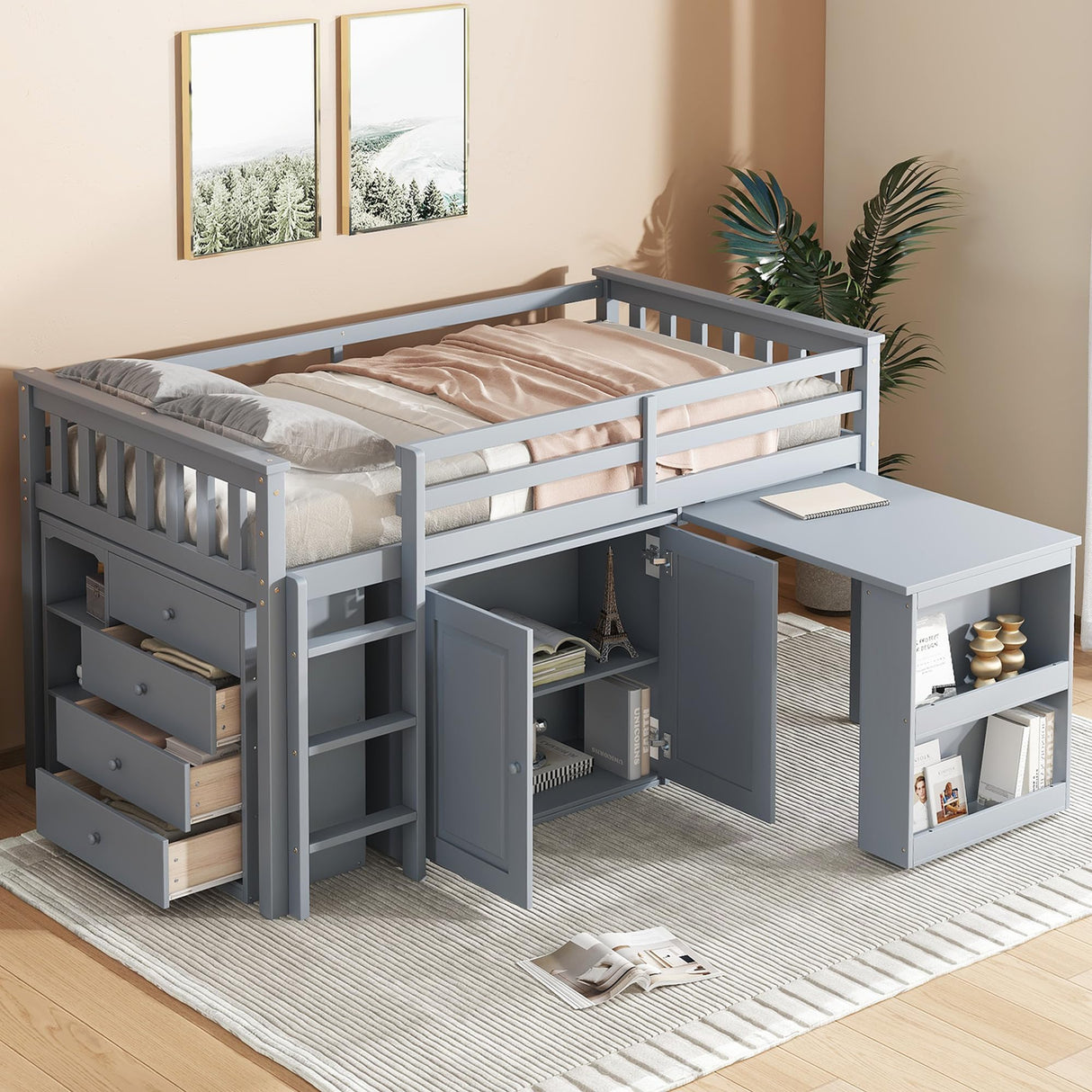 Ball & Cast Twin Loft Bed with Storage Cabinet and Drawer,Rubber Wood Bed Frame w/Safety Guardrail & Ladder,Space-Saving Furniture for Girls Boys Student Dorms,Grey Ball & Cast