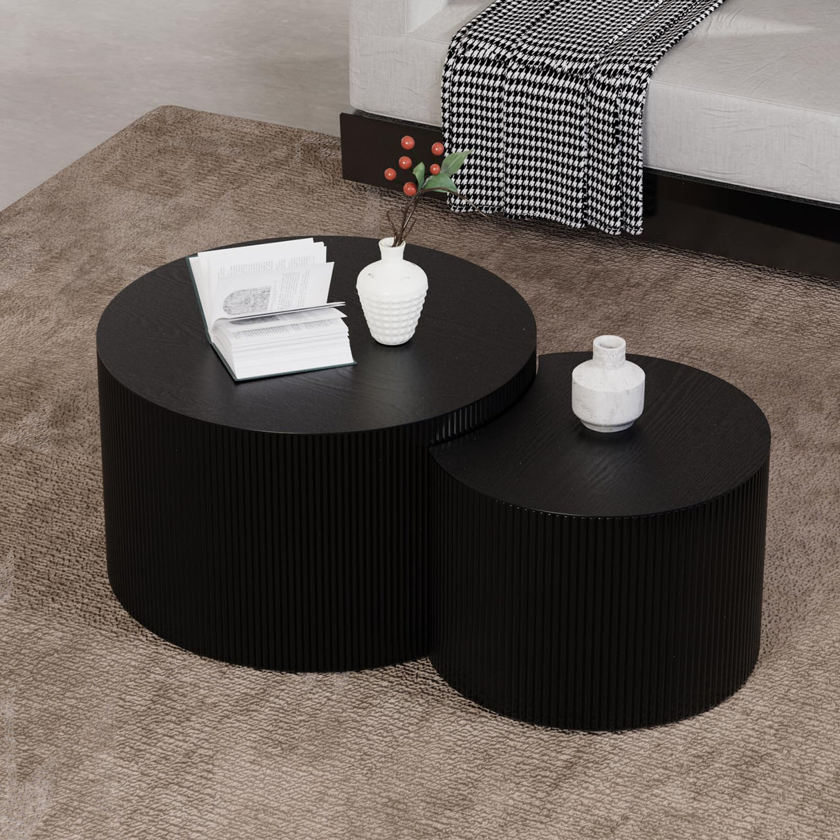 Round Nesting Coffee Table Modern Black Fluted Coffee Table Set of 2 Stripe Round Coffee Tables Drum Crescent Side Table Accent End Table for Living Room (Black B Large) WUPDPQS