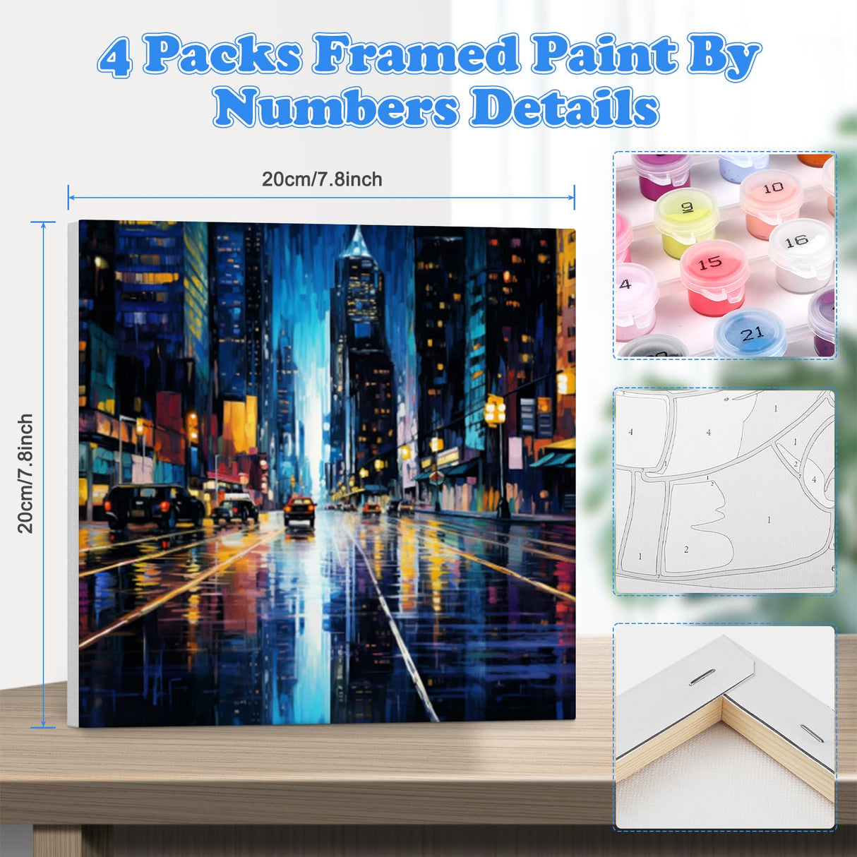 GHHKUD 4 Pack Cityscape Paint by Numbers with Frame for Adults Kids, Paint by Numbers Night Street for Kids Ages 8-12, DIY Acrylic Paint Children Beginner Gifts Home Wall Decor 20x20cm GHHKUD
