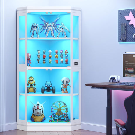 Jocoevol Corner Display Cabinet with Glass Doors, 4-Tier Display Cases for Collectibles with RGB Lights, 67'' Tall Corner Curio Cabinet with Human Body Sensor for Living/Game Room, White Jocoevol