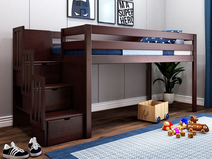 Contemporary Cherry Low Loft Twin Bed with 3 Drawer Stairway - WoodArtSupply