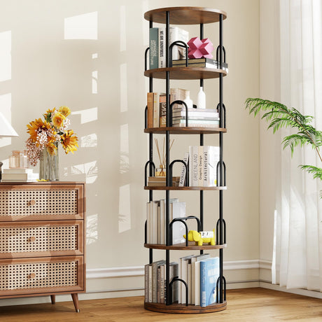 Arbcoler 5-Tier Rotating Bookshelf, 360° Round Spinning Book Shelf Tower, Tall Skinny Wood & Metal Bookshelf for Corner/Office/Home, Modern Industrial Vintage Style Arbcoler