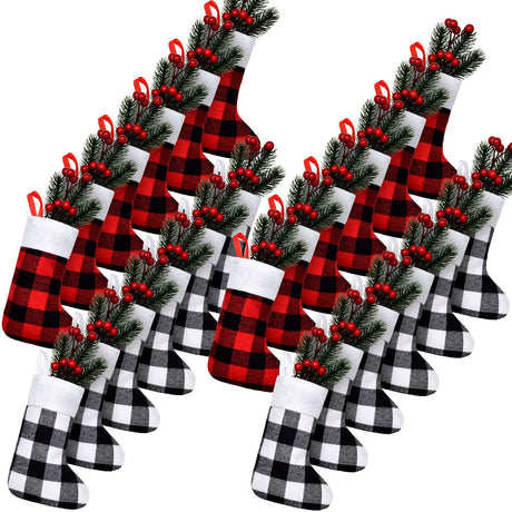 Skylety 24 Pcs Christmas Stockings Bulk Mini Xmas Buffalo Plaid Stocking Plush Cuff Hanging Decorations for Holiday Party Favors(24 Pcs,Red Black, Black White,Plaid) Skylety