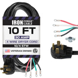Iron Forge Cable 4 Prong Dryer Cord 10 ft, 10/4 NEMA 14-30 Plug 30 Amp for Dryer & EV with Ring Terminals, 10 Gauge Appliance Power Cord 4 Prong 125V/250V - ETL Certified IRON FORGE CABLE