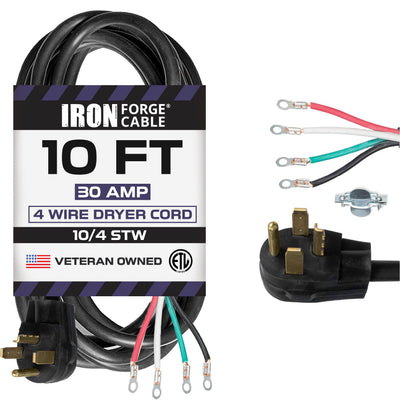 Iron Forge Cable 4 Prong Dryer Cord 10 ft, 10/4 NEMA 14-30 Plug 30 Amp for Dryer & EV with Ring Terminals, 10 Gauge Appliance Power Cord 4 Prong 125V/250V - ETL Certified