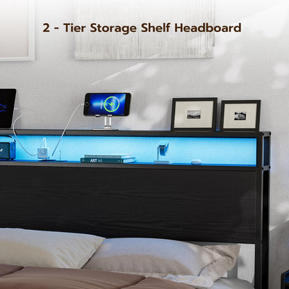 AOVSA King Size Storage Headboard with LED Mood Lighting, Charging Station & Metal/Wood Design - Black - WoodArtSupply