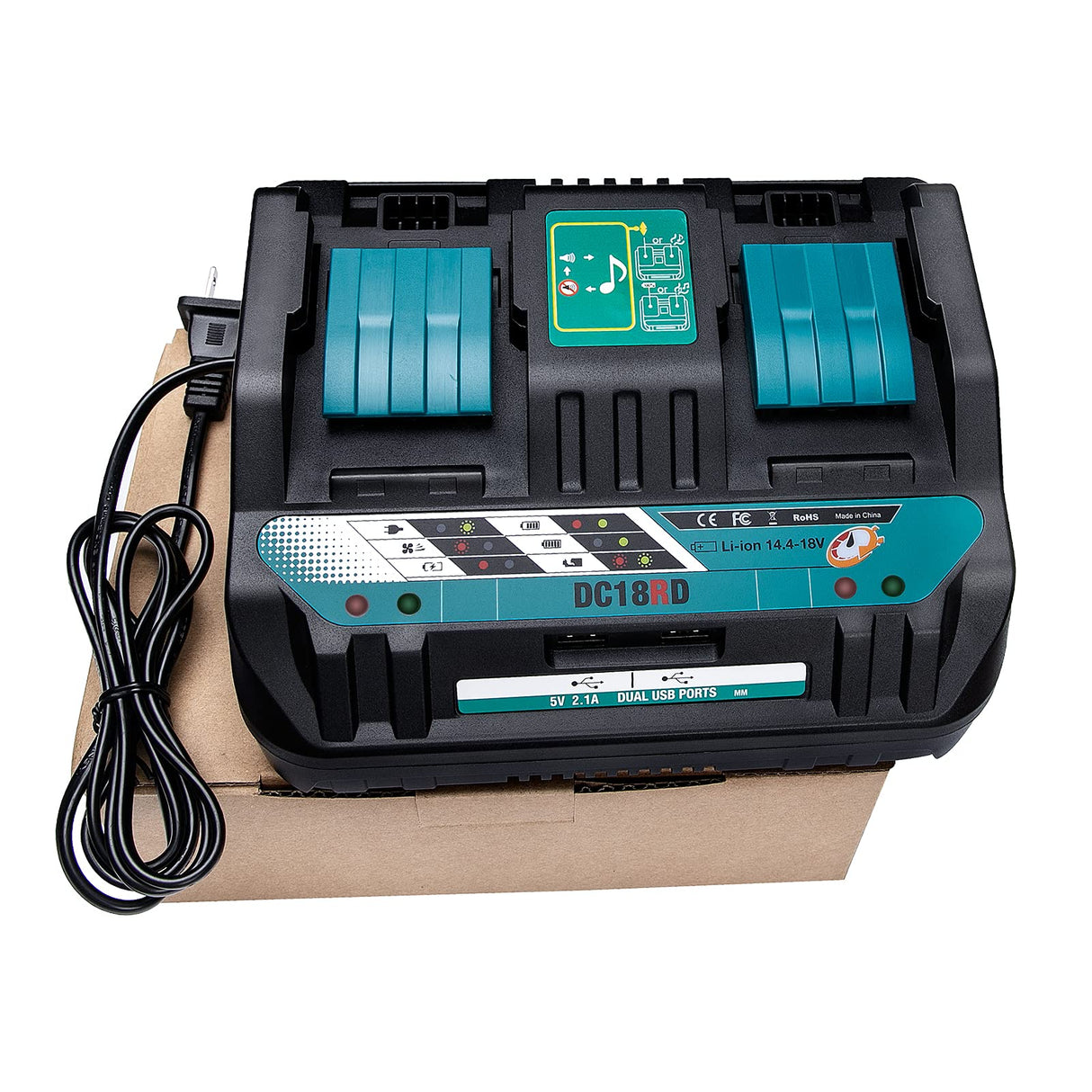 18V DC18RD Dual Ports Battery Charger for Makita 14.4V-18V LXT Lithium-Ion Battery BL1415 BL1430 BL1830 BL1840 BL1850 BL1850B BL1860B BL1860 BL1815, Hiesuan Replace DC18RC DC18SF DC18RT Hiesuan