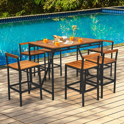 Tangkula 7-Piece Acacia Wood and Rattan Outdoor Bar Set with Umbrella Hole and Backrest Stools