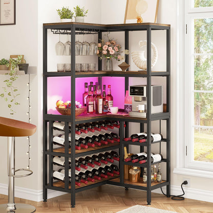 YITAHOME Large Corner Wine Rack, 63'' Corner Bar Cabinet with Power Outlet and LED Light, 5-Tier L Shaped Industrial Liquor Cabinet w/Glass Holder, Corner Open Display Cabinet for Home, Rusti - WoodArtSupply