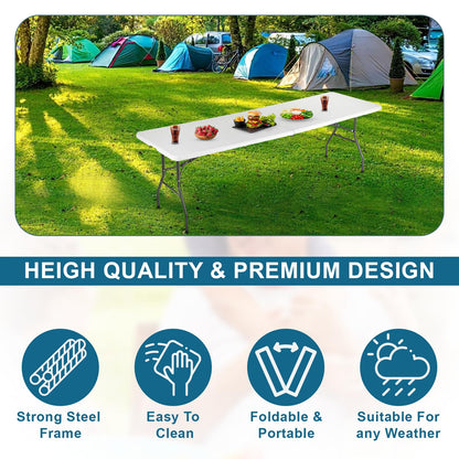 Ruesleag 8FT Folding Table Plastic Camping Table Portable Picnic Table for Easy Storage, Ideal for Outdoors Camping, Picnics, Parties Wedding & Indoor Events with Carrying Handle,White - WoodArtSupply