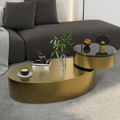 jajaplus Oval Rotating Coffee Table with Tempered Glass Top, 2-Tier Design & 360° Swivel Base, Brushed Gold Finish - Modern Center Table for Living Room, Office, Apartment