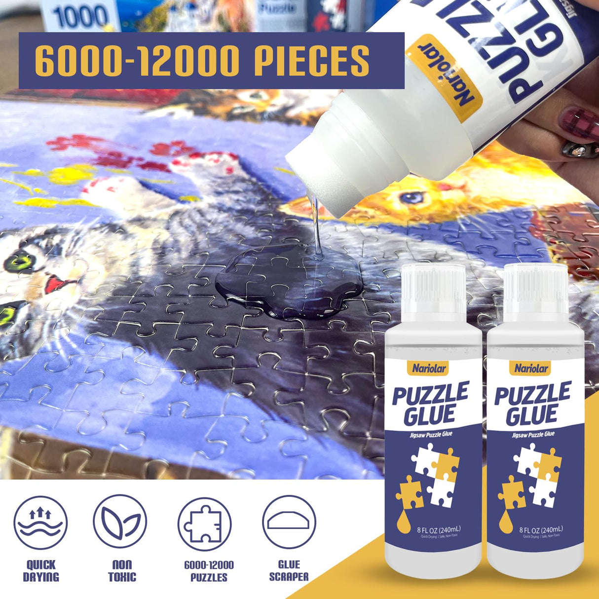 Nariolar Puzzle Glue Clear 2 * 8 Oz (2 * 240ml) with Applicator, Jigsaw Puzzle Glue for 6000/10000/12000 Pieces, Framing Puzzles, Quick Drying Nariolar