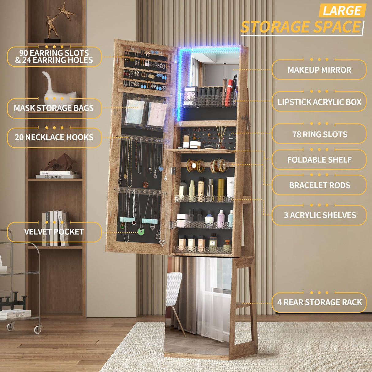 Vlsrka 360° Swivel Jewelry Cabinet with Lights, 63" H Large Capacity Jewelry Armoire with Full Length Mirror, Standing Jewelry Mirror with Storage for Jewelry, 4-in-1 design, Brown Vlsrka