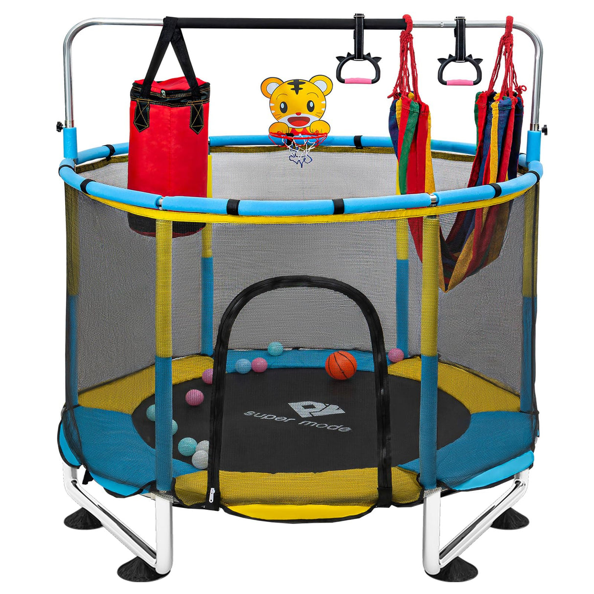 Trampoline for Kids, 5FT Adjustable for Toddler, Indoor/Outdoor Baby Trampoline with Enclosure Net, No-Gap Safe Design, Gifts for Boys & Girls (Yellow&Blue) PY SUPER MODE