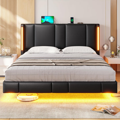 MSmask Floating Queen Bed Frame with LED Lights, Faux Leather Headboard & USB Ports - WoodArtSupply