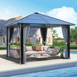 Raysfung 10'x10' Hardtop Gazebo, Outdoor Polycarbonate Roof Gazebo Metal Frame Permanent Pavilion with Netting & Curtains for Garden, Patio, Lawns(Grey) Raysfung