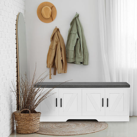 HOMSHO 2-Tier Storage Bench, Shoe Bench with Padded Seat Cushion, Entryway Bench with 4 Barn Doors, Adjustable Shelf, 13.8" D x 47.2" W x 17.7" H, for Entryway, Living Room, Bedroom, White HOMSHO