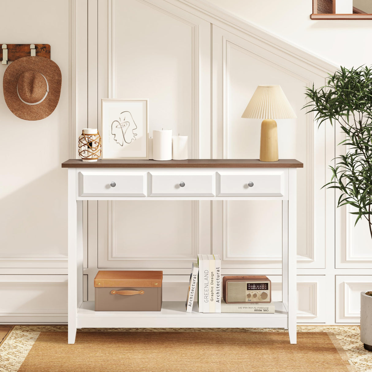 Yaheetech Farmhouse Console Table with 3 Drawers, Vintage Entryway Table with Storage Shelves, Narrow Long Sofa Table for Living Room, Hallway, Kitchen, Foyer, Hallway, Dining Room, White Yaheetech