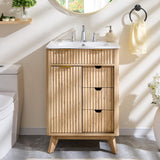 T4TREAM 24" Fluted Bathroom Vanity with Ceramic Sink Combo，Freestanding Small Modern Bathroom Storage Vanity Cabinet with Sliding Door & 3 Drawer，Wood Grain Texture，Metal Handle，Natural Oak T4TREAM