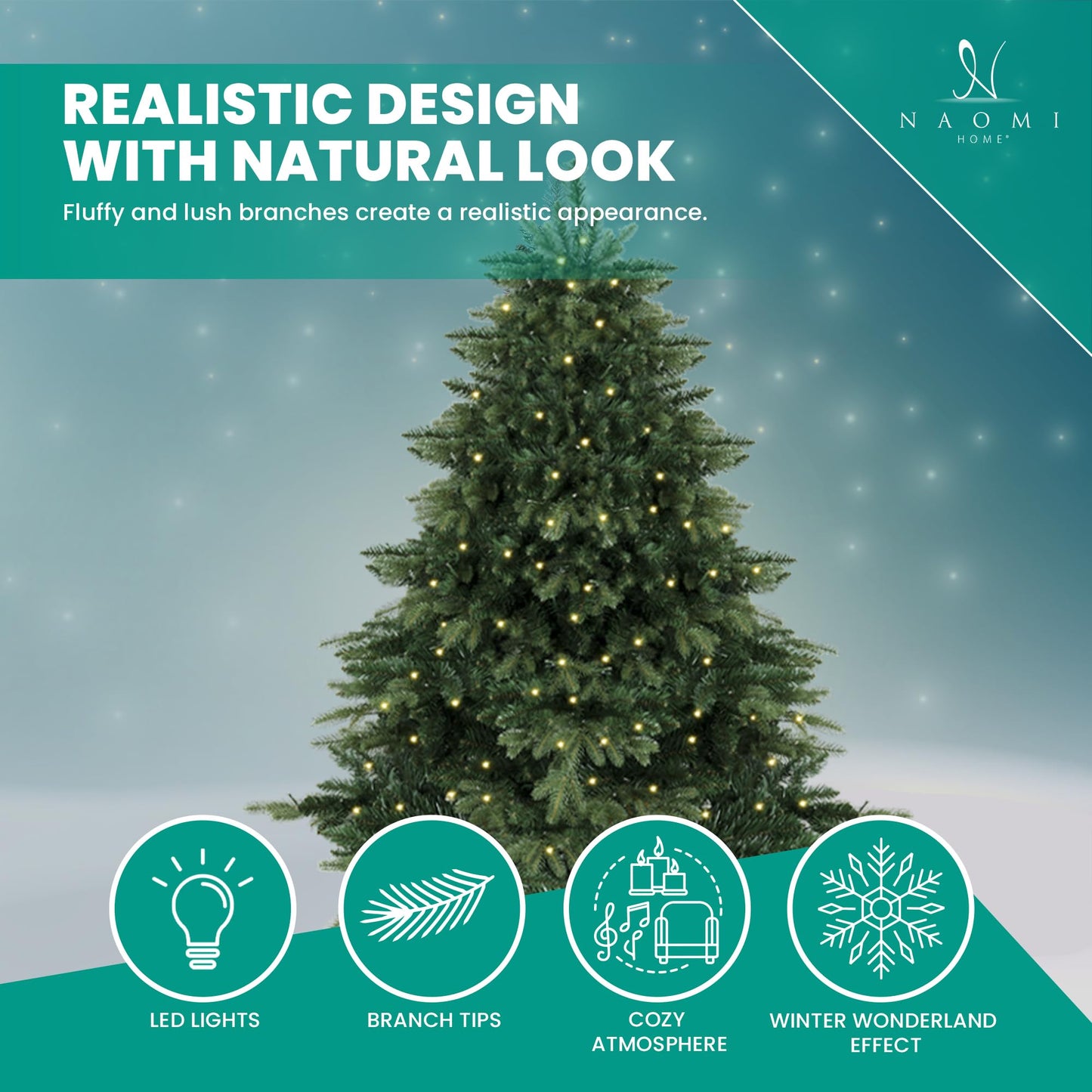 Cynthia 7.5ft Prelit Aritificial Christmas Tree with 3661 Branch Tips, 800 Warm Lights and Metal Stand, 60" Wide Realistic Rustic Christmas Tree with Lights by Naomi Home